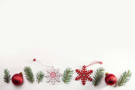 Christmas card with fir branches and Christmas decorations. Copy space.の写真素材