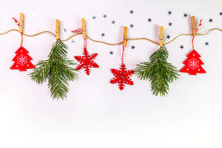 Christmas card with fir branches and Christmas decorations. Copy space.の写真素材