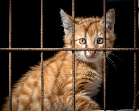Little ginger cute kitten affects the cat shelter. The kitten is crying in a cage.の写真素材