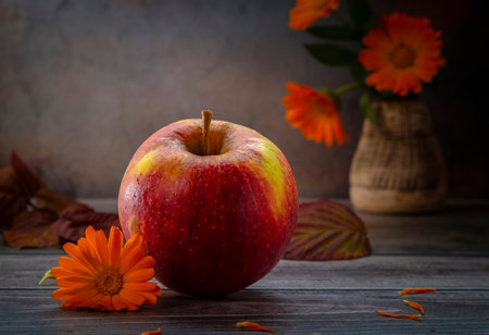 Ripe juicy apples on a wooden table.の写真素材