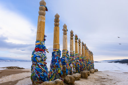 Ritual wooden pillars near Khuzhir, Olkhon island, Lake Baikal, Siberia, Russiaの写真素材