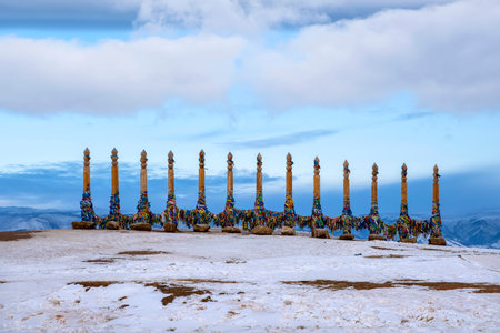 Ritual wooden pillars near Khuzhir, Olkhon island, Lake Baikal, Siberia, Russiaの写真素材
