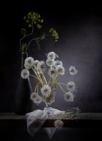 Modern still life with dandelions in a glass and a dill branch in a black bottle on a dark background.の写真素材