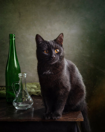 Portrait of a black kitten with yellow eyes on a dark background.の写真素材