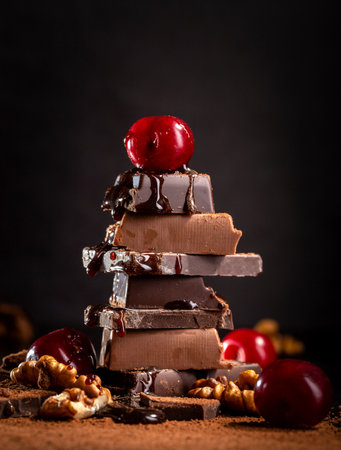 A pile of dark broken chocolate and cherries sprinkled with cocoa powder and walnuts on a dark background.の写真素材