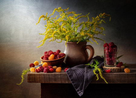 Still life with raspberries and a bouquet of yellow flowers in an earthenware jug.の写真素材