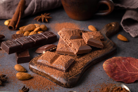 Pieces of chocolate and nuts on a plank on a dark background.