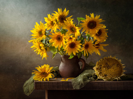 Still life with a bouquet of sunflowers on an old wooden table.の写真素材