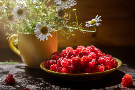 Fresh raspberries in a plate and a bouquet of daisies on a dark wooden table.