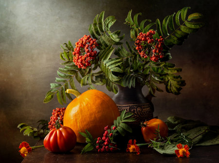Autumn rustic still life with pumpkin, tomatoes and a bouquet of rowan berries on a dark background.の写真素材