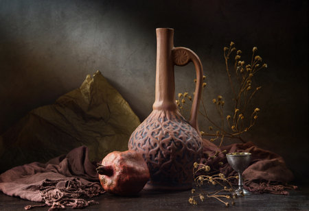 Still life with a clay jug and pomegranate on a dark background.の写真素材
