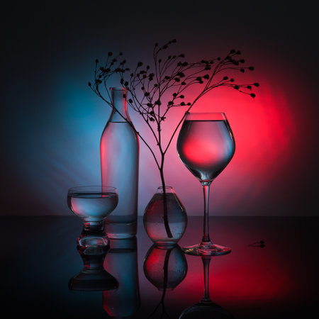 Still life with glassware and a dry branch.の写真素材
