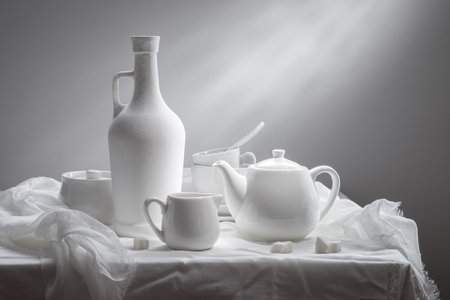 White still life with white dishes on a white background.の写真素材