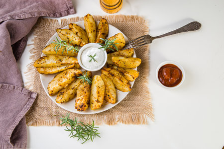 Baked new potatoes with spices and creamy sauce in a plate on a white table.の写真素材