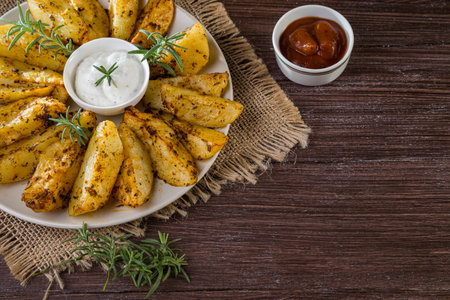 Baked new potatoes with spices and creamy sauce in a plate on a wooden table.の写真素材