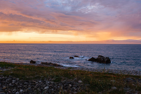 Russia, Murmansk region, Rybachy Peninsula. Sunset on the Barents Sea coast. August 2025.
