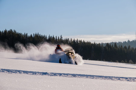 Athlete on a snowmobile moving in the winter forest in the mountains.