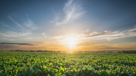 Sunset over beets growing in an agricultural field in sunlight in summerの写真素材