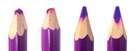 sharpened used violet pencil lead in wooden wrapping macro closeupの写真素材