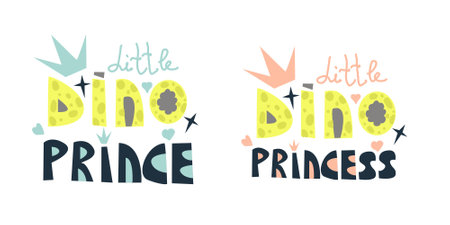 Little dino princess and prince. Hand drawn doodle letteringのイラスト素材