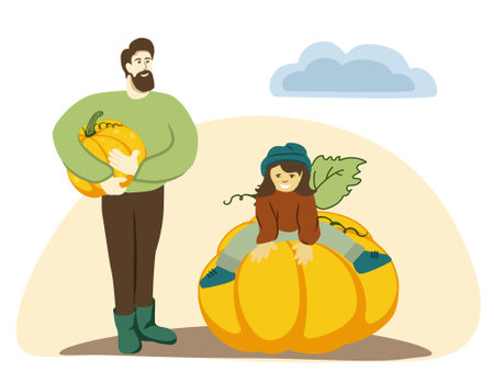 Cartoon father with little girl sitting on big pumpkins.のイラスト素材