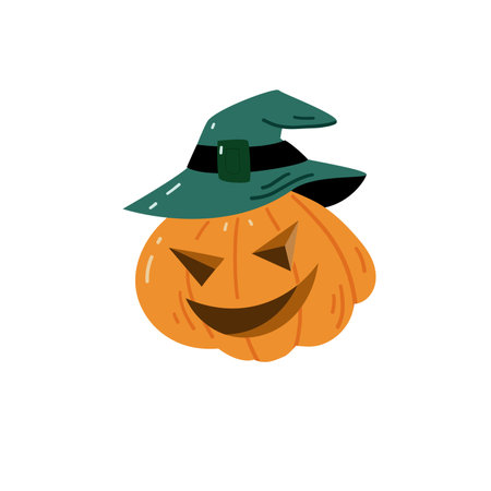 Cartoon halloween pumpkin wearing witch hat isolatedのイラスト素材