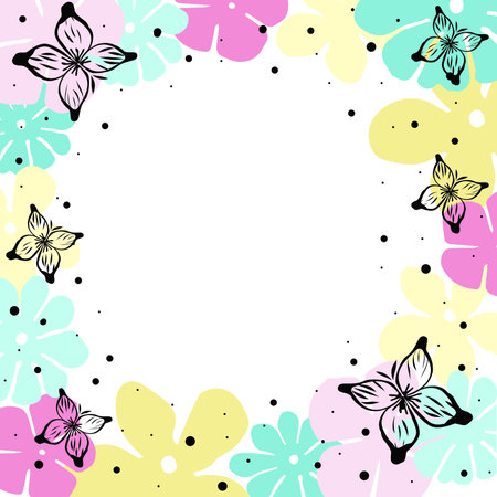 Square frame of green leaves with flowers and butterflies. Vector illustrationのイラスト素材