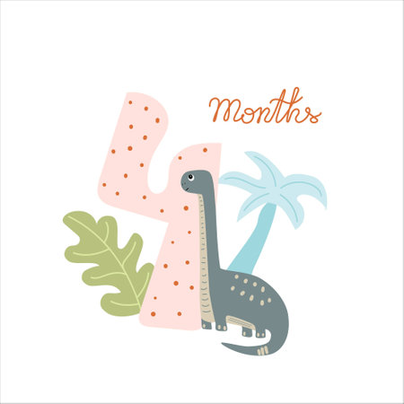 Four months Baby milestone card for newborn with a cute dinoのイラスト素材