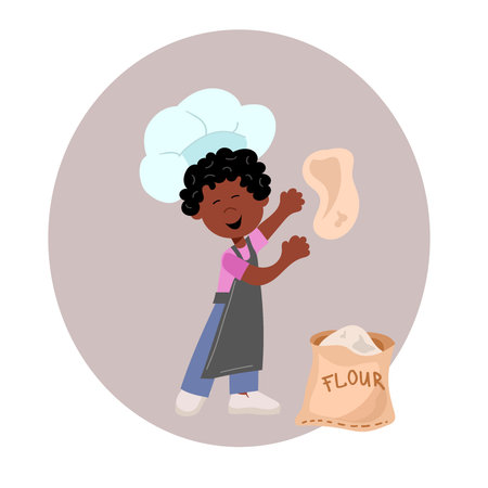 Happy cute little boy in chef costume makes the dough.のイラスト素材