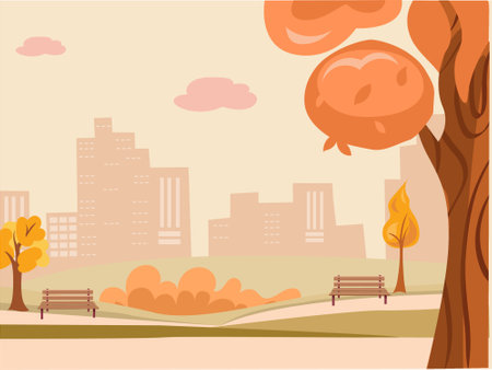 autumn park landscape illustration with wooden benchのイラスト素材
