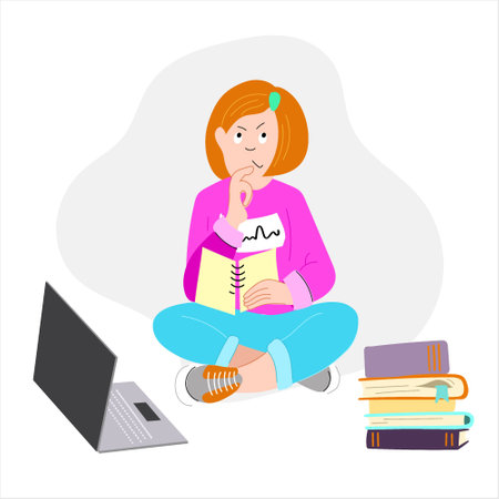 Pensive Male Student Character Sitting On Floor With Laptop And Paper Sheet Thinking on task, Studying or Prepare to Exams, Analyzing Educational Materials. Cartoon People Vector Illustrationのイラスト素材