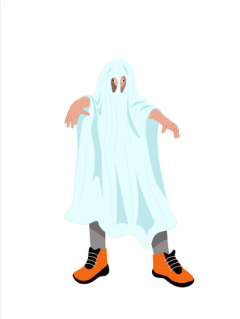 Kid Wearing Halloween Ghost Costume Holding Pumpkin Basket Vector Illustrationのイラスト素材