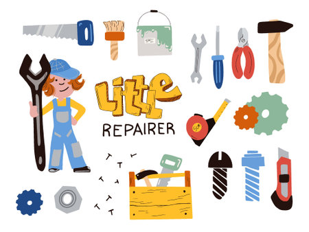 Set of repair elements with little kid repairerのイラスト素材