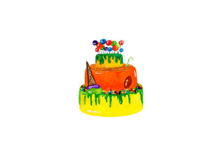 Watercolor biscuit with green and orange milk cream, ice cream, confetti and sweets, on a white...