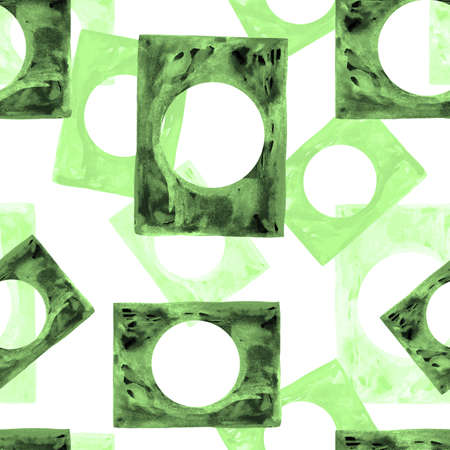 Watercolor pattern green geometry window on white background for your seamless design, hand drawn illustrationの写真素材