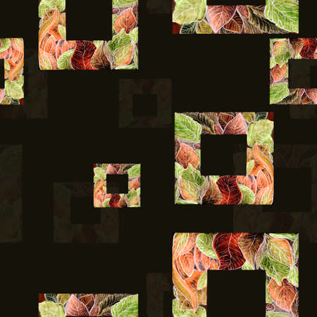 Watercolor pattern geometry square and autumn leaves on a dark background for your design seamless