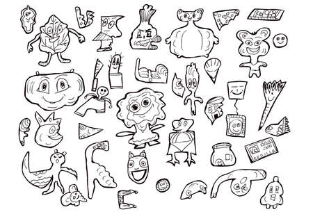 set of black and white doodles, little funny men and smiles for children on a white backgroundの写真素材