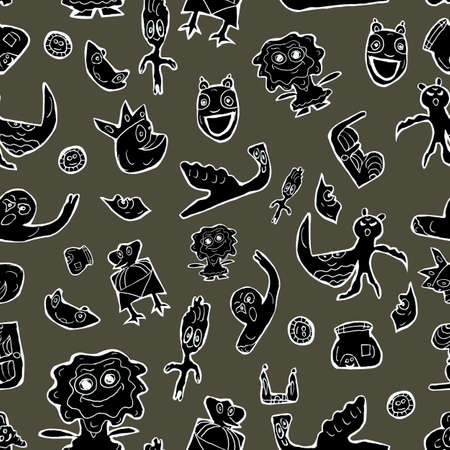 watercolor pattern of small black and white doodles, cute little animals on a dark green background for your design and interiorの写真素材