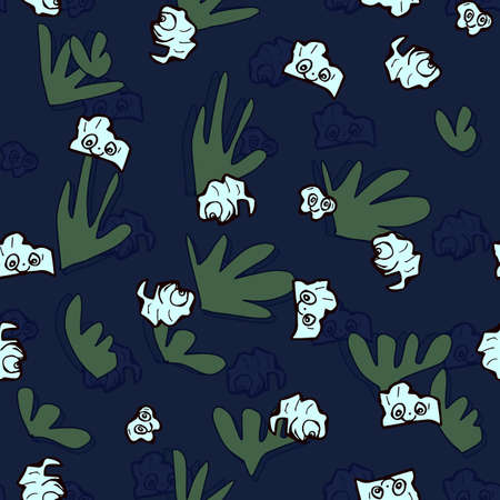 Doodle pattern with muzzles and algae in the underwater world on a blue background for your designの写真素材