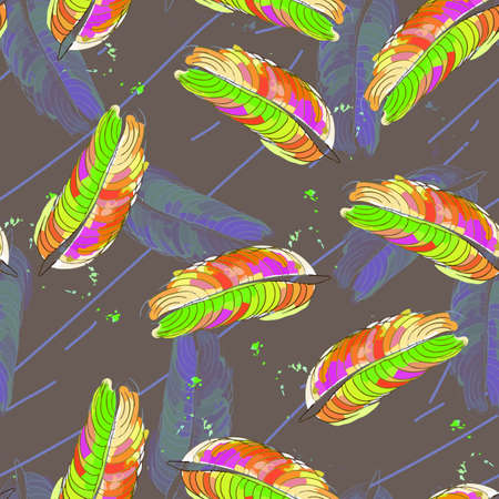 Pattern colorful bird feather on brown background for your seamless designの写真素材