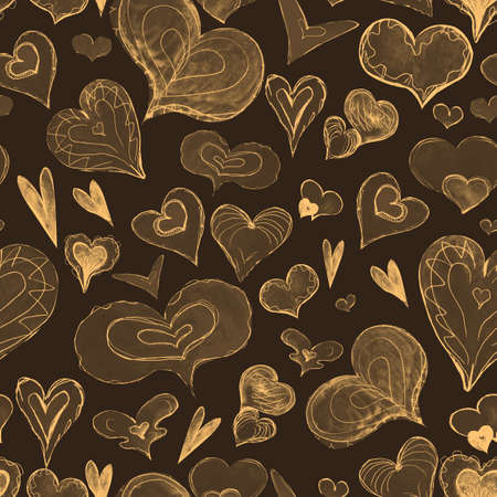 Watercolor pattern orange golden hearts on a dark background for your seamless design, hand drawn...
