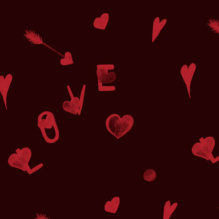 Watercolor pattern red heart and word love on dark burgundy background for your seamless design,...