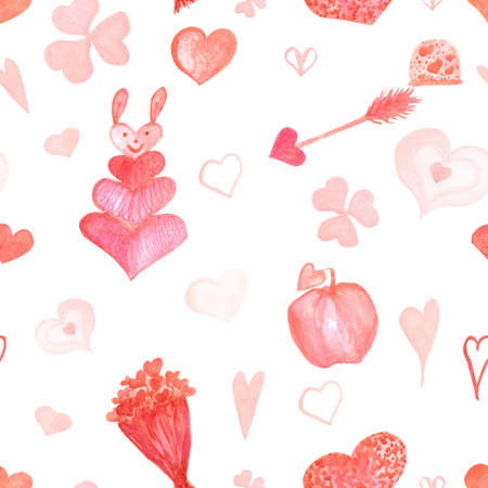 Romantic pattern with pink watercolor hearts and clover on a white background for your designの写真素材
