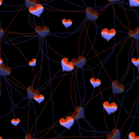 Pattern colorful heart connected by a single thread on a dark background for your seamless design, hand drawn illustrationの写真素材