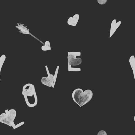 Watercolor pattern gray heart and font love on a dark background for your seamless designの写真素材