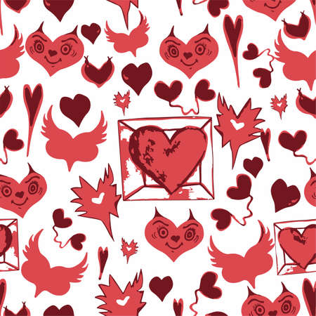 pattern red hearts devil horns, valentines for your design on a white backgroundのイラスト素材