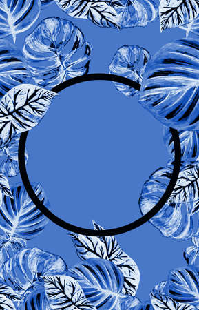 Watercolor template vertical, delicate tropical leaves on a blue background and a circle for your design, hand drawn illustrationの写真素材