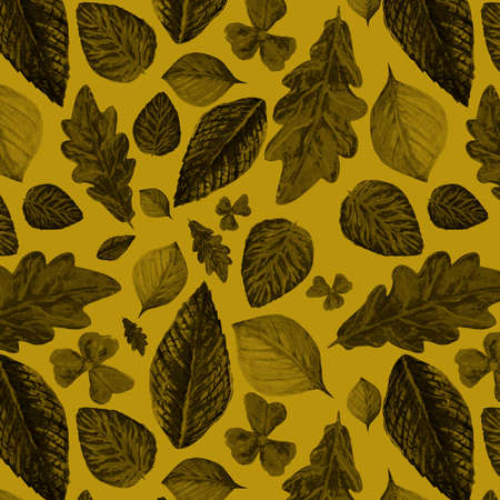 Watercolor pattern forest leaves of oak, birch, pine on an orange background for your seamless...