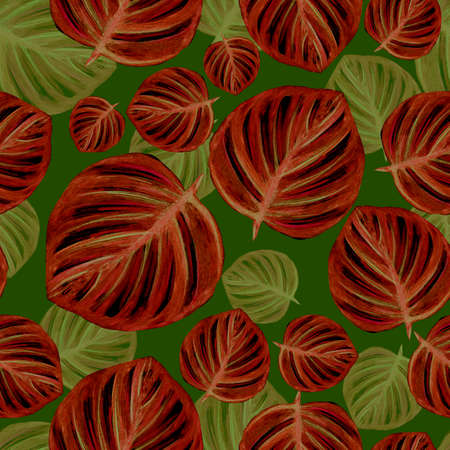 Watercolor pattern red and yellow tropical leaf on a green background for your design seamless, hand drawn illustrationの写真素材