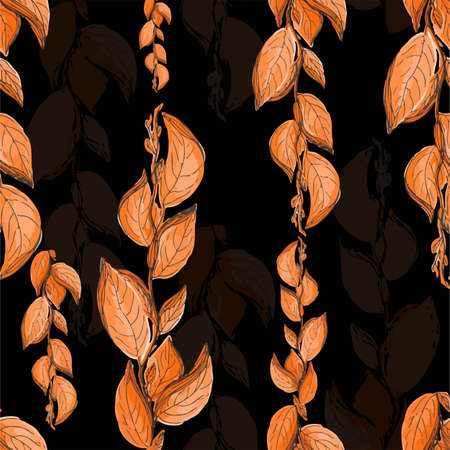 Pattern with sprigs of orange leaves on a dark background for your design and interior
